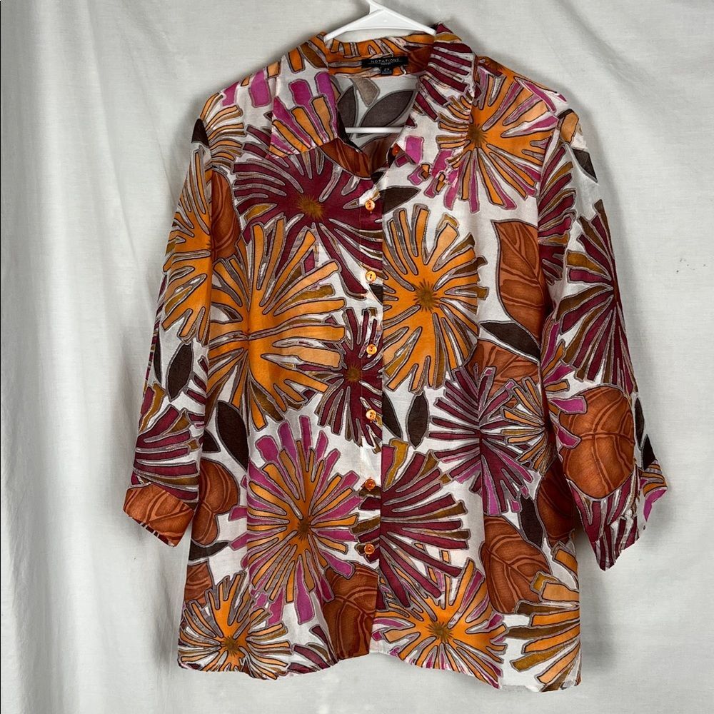 Bright Orange and Pink Tropical Floral Linen Blend Notations Blouse
